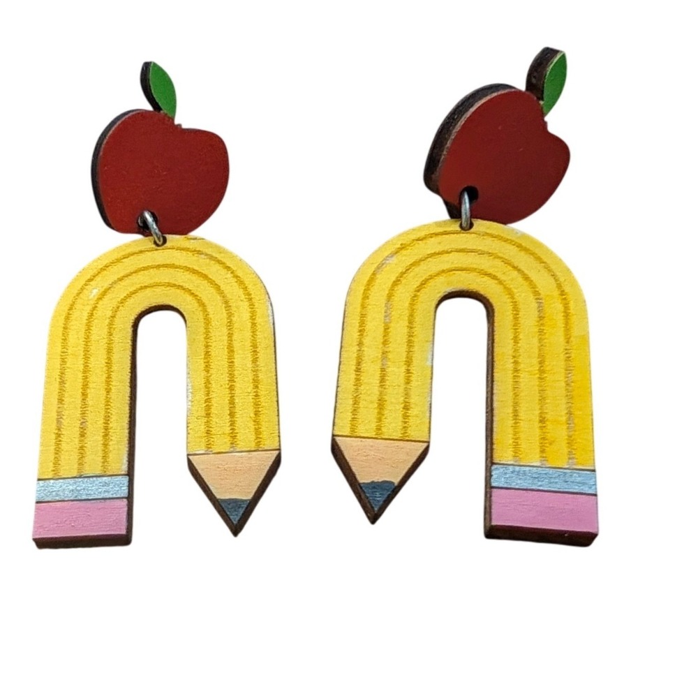 Teacher Apple and Bent Pencil Wood Dangle Earrings Laser Cut and Hand Painted